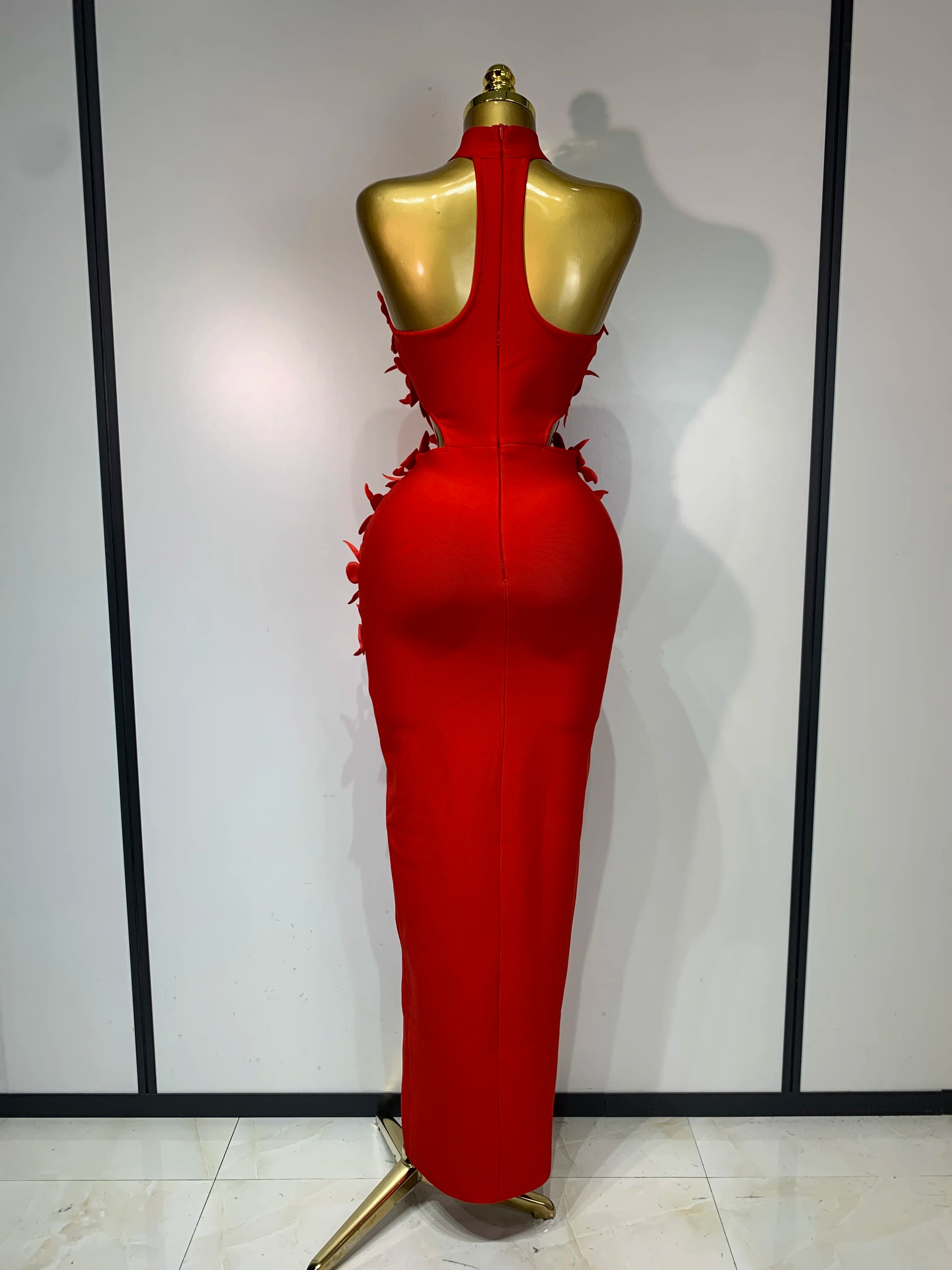 Women Sexy Sleeveless Flower Hollow Out Evening Party Bandage Dresses Red Knitted Bodycon Birthday Wedding Guest Clothing