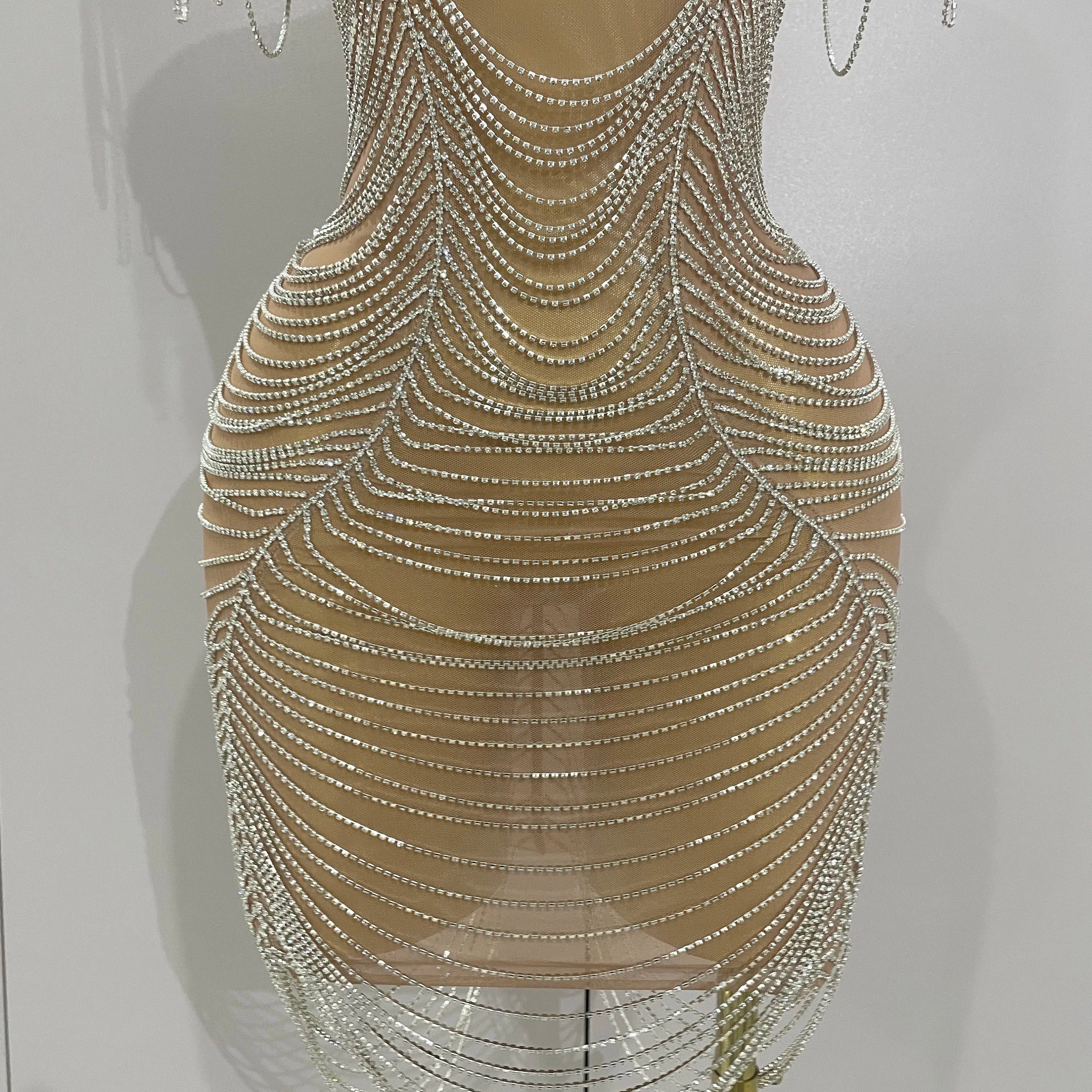 2025 New Sparkly Diamonds Crystal Sexy Mesh See Through Mini Dress Women Birthday Party Club Celebrate Stage Performance Costume