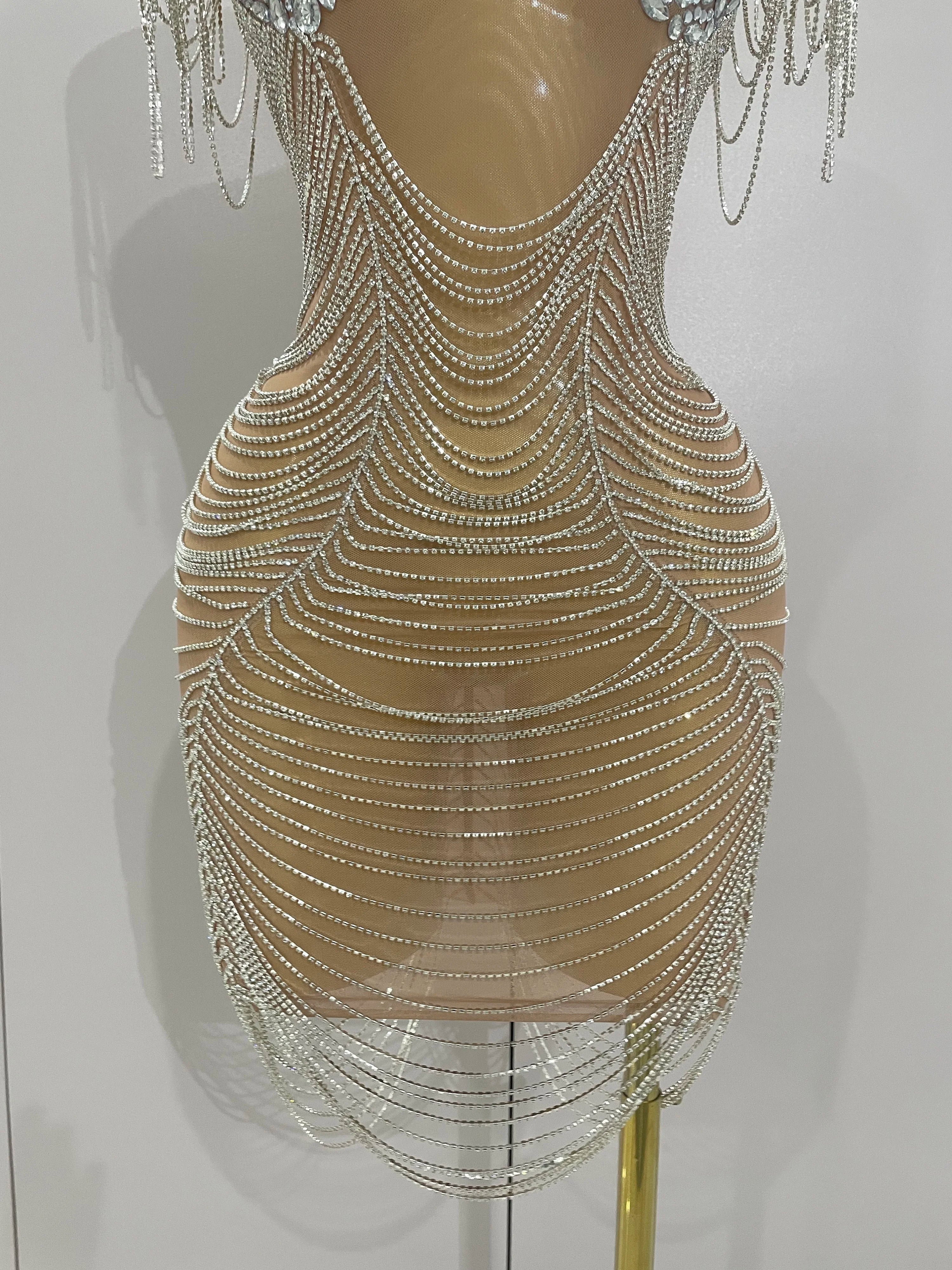 2025 New Sparkly Diamonds Crystal Sexy Mesh See Through Mini Dress Women Birthday Party Club Celebrate Stage Performance Costume