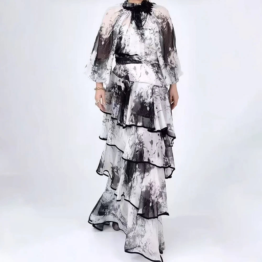 Hit Color Sheer Spliced 3D Flower Dresses for Women Round Neck Long Sleeves Patchwork Ruffles Folds Dress Female