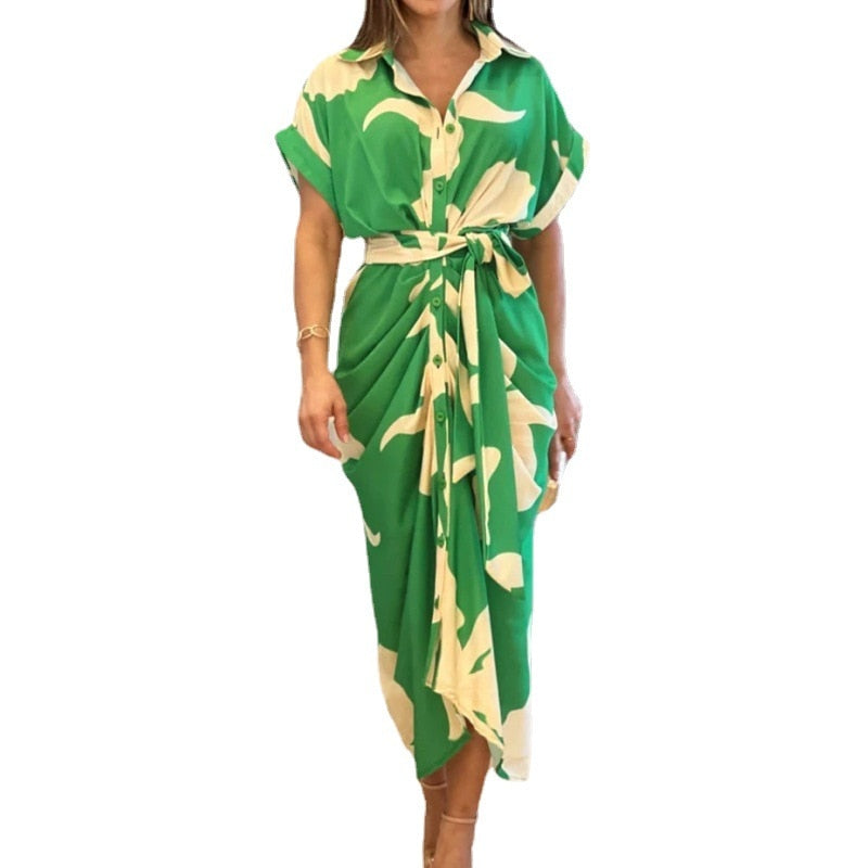 Women Sexy Bandage Shirt Dress Vintage Printed V Neck Ruched Long Dress Female Elegant Button Short Sleeve Beach Maxi Dress Robe EA05132-Green flower