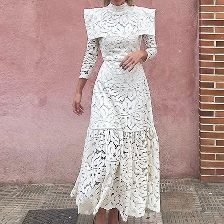 Elegant Hollowed Lace Maxi White Dress Women Fashion Mock Neck Long Sleeved Shoulder Padded Robes 2024 Evening Women's Clothing White