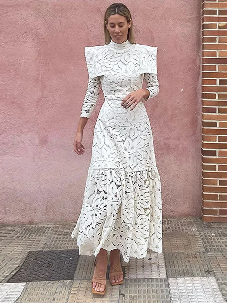 Elegant Hollowed Lace Maxi White Dress Women Fashion Mock Neck Long Sleeved Shoulder Padded Robes 2024 Evening Women's Clothing White