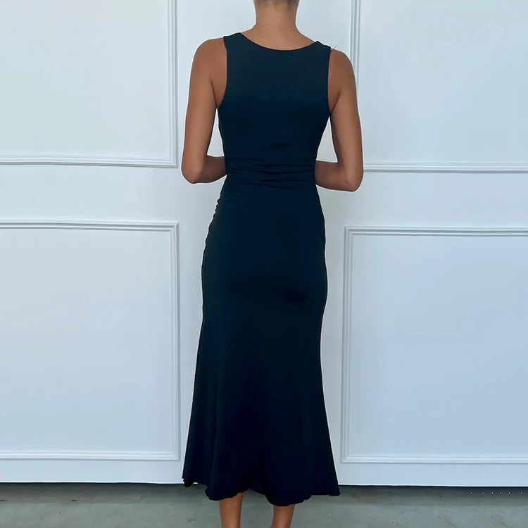 Mozision Elegant Deep V Neck Front Gold Clasp Sexy Maxi Dress For Women Black Gown Sleeveless Slim Fit Long Tank Dress Elegant