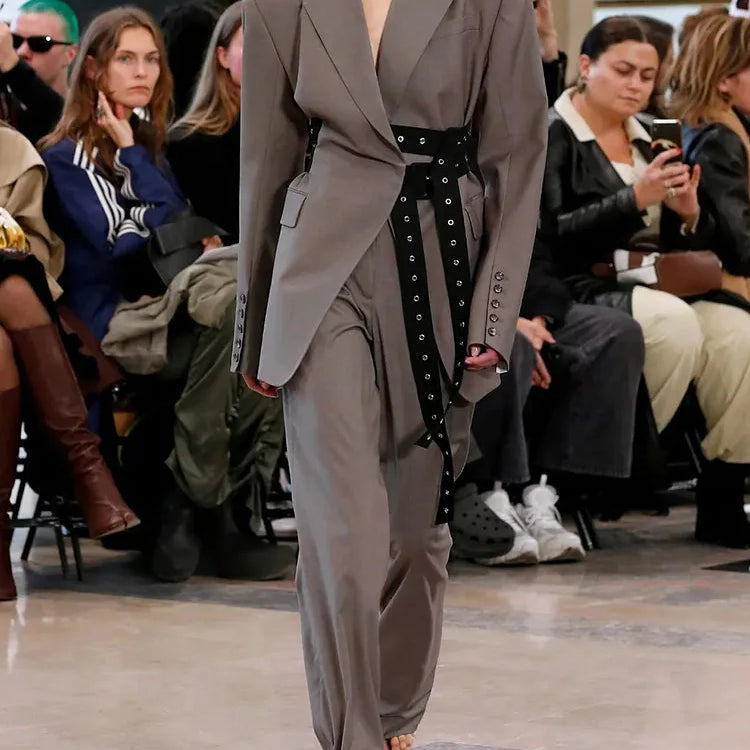 Patchwork Belt Chic Blazer For Women Notched Collar Long Sleeve Spliced Pocket Temperament Blazers Female Fashion GRAY