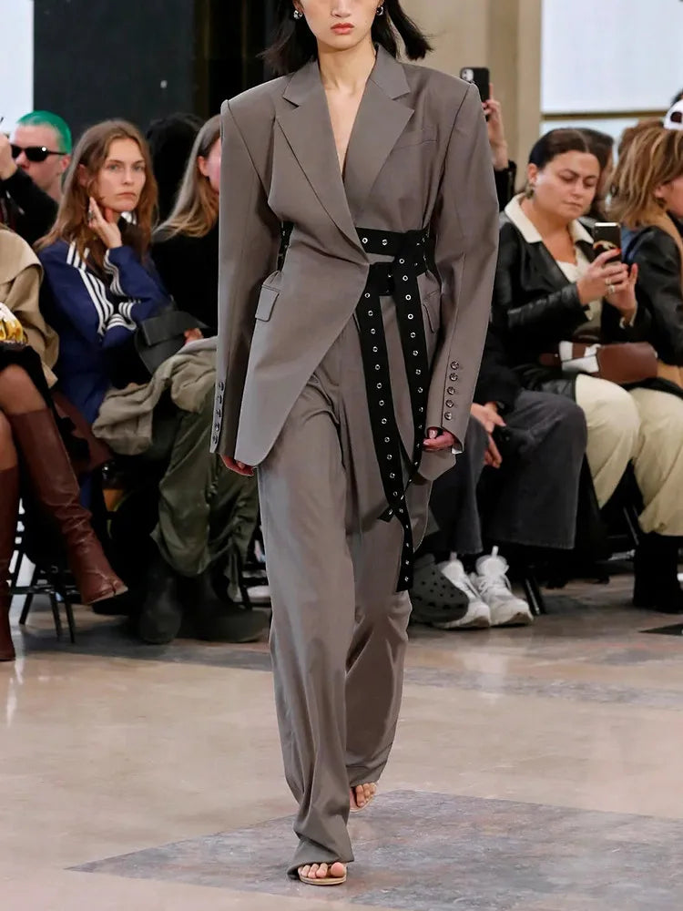 Patchwork Belt Chic Blazer For Women Notched Collar Long Sleeve Spliced Pocket Temperament Blazers Female Fashion GRAY