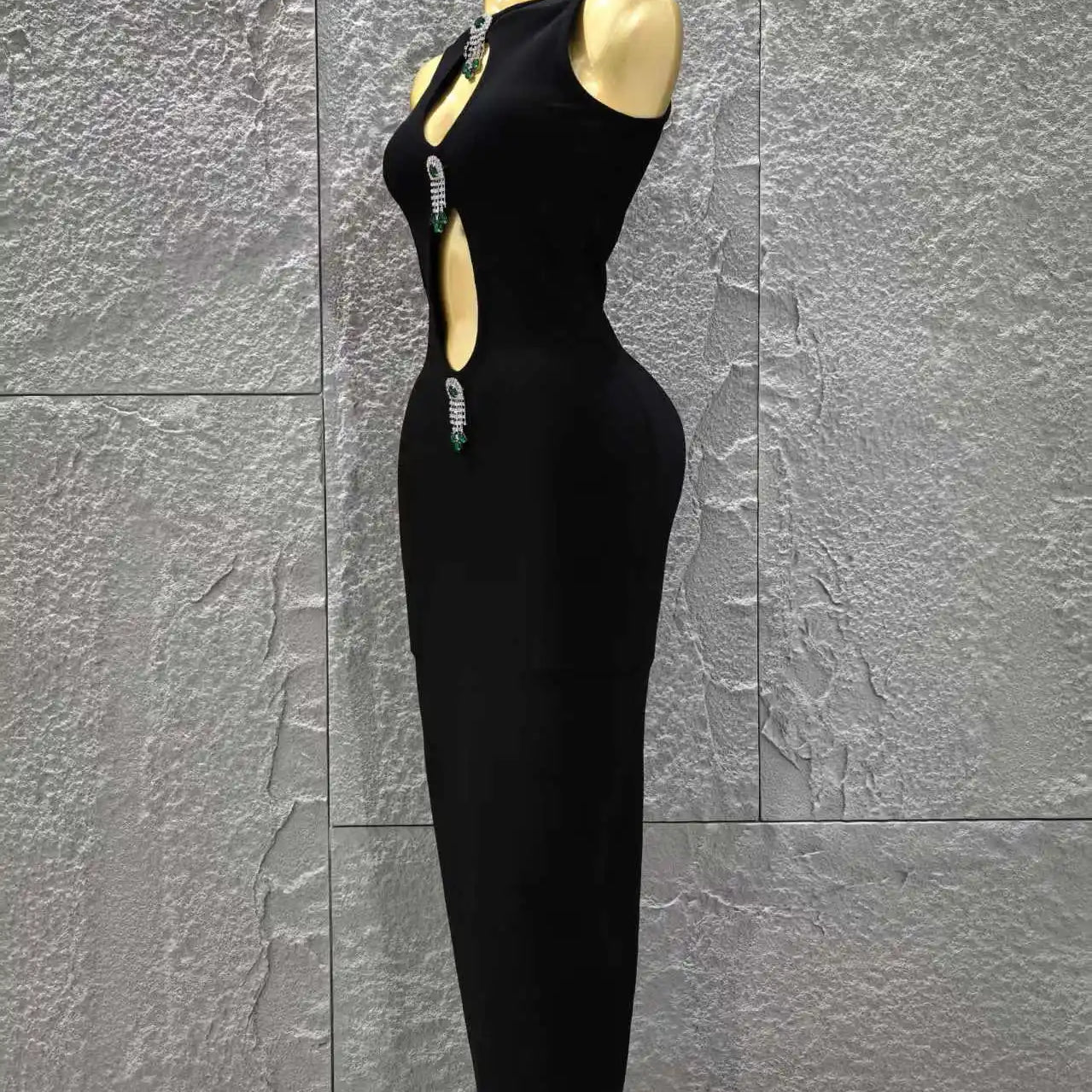 Top Quality Women Sleeveless Sexy Keyholes Shinning Diamond Bodycon Long Bandage Dress Evening Party Celebrate Cocktail Dress