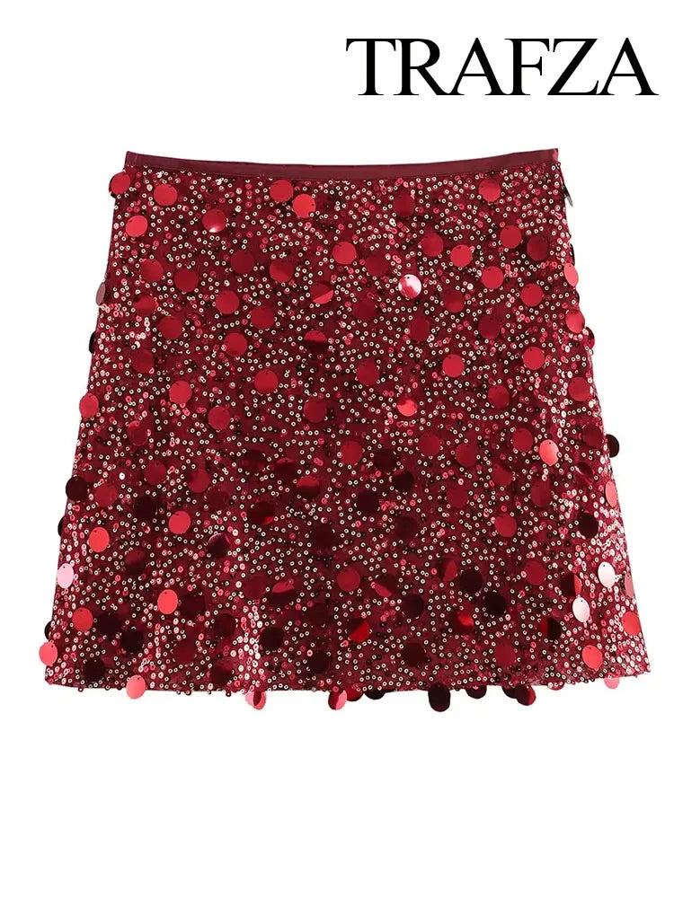 TRAFZA Women New Fashion Y2K Shiny Sequin Skirt Female Elegant High Waist Mini Skirts Casual Woman Sexy Chic Party Skirts