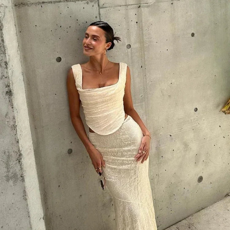 Suninheart Elegant Women 2 Piece Dress Set 2023 Maxi Wedding Guest Dress Lace Up Crop Top and Maxi Skirt Set Formal Event Dress