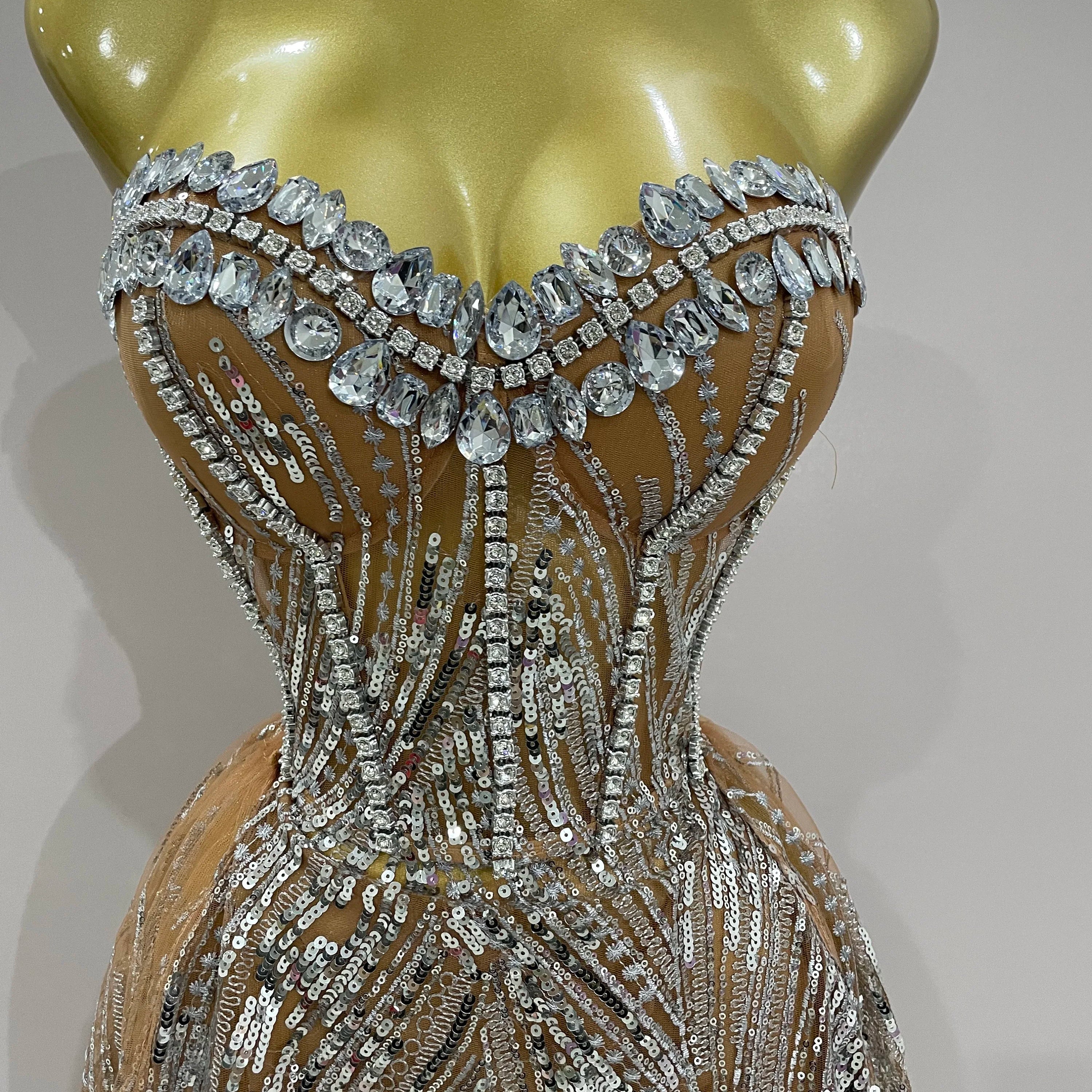 2025 Sparkly Rhinestone Sequins Sexy Strapless See-Through Long Dress Women Evening Birthday Party Dress Nightclub Stage Costume