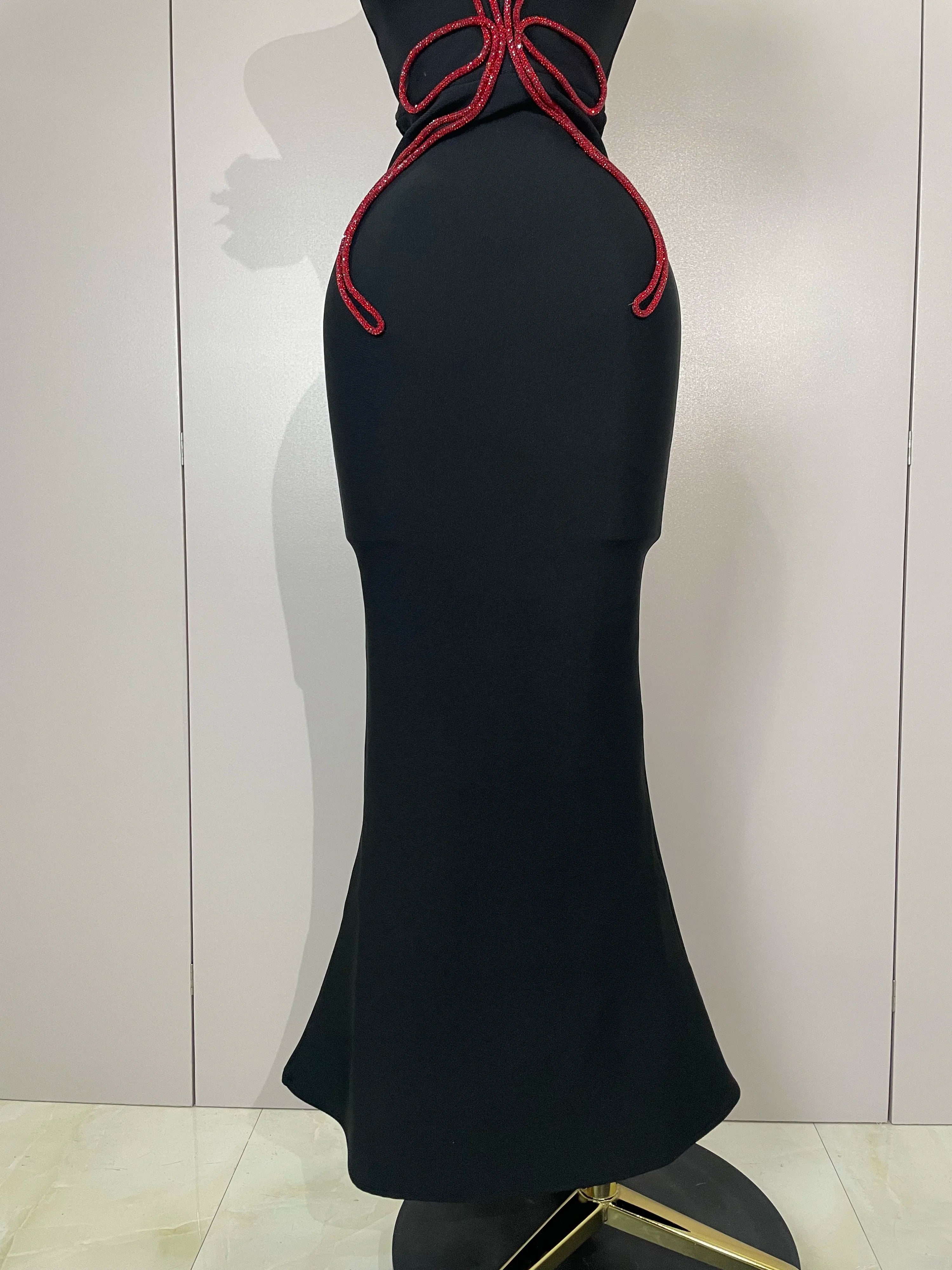 2025 black Off Shoulder Red Flower Bandage Long Dress Women Elegant Fshion Celebrity Party Dress