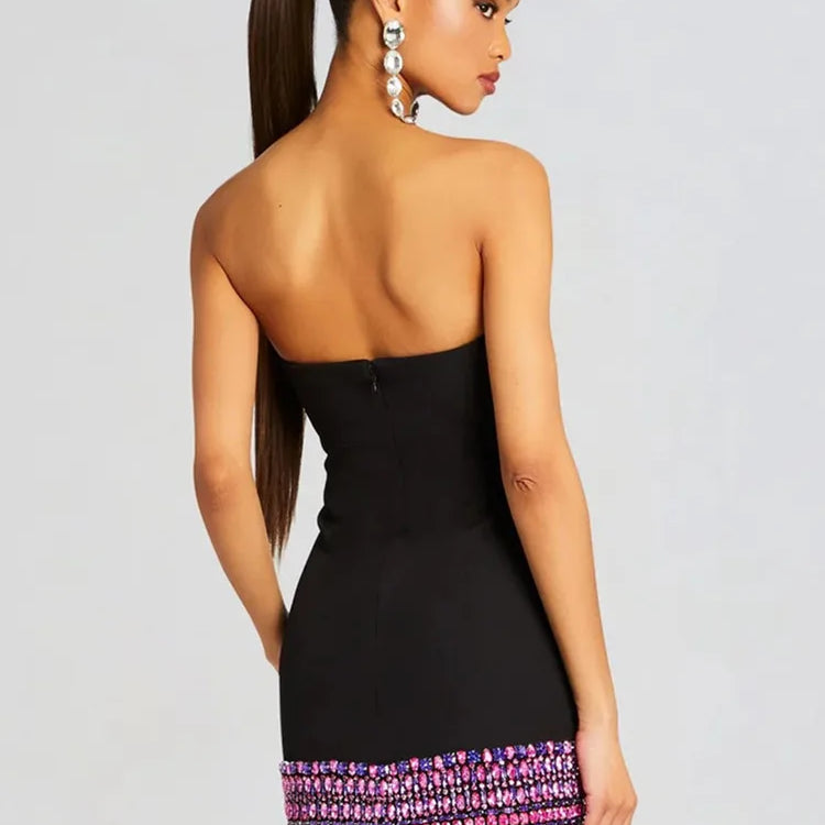 Women Celebrity Luxury Sexy Strapless Backless Pearl Cut Out Black Bodycon Bandage Dress Elegant Evening Club Party Outfit