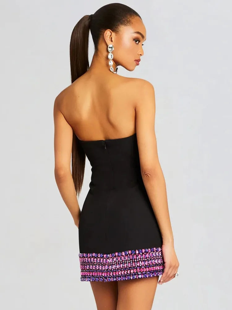 Women Celebrity Luxury Sexy Strapless Backless Pearl Cut Out Black Bodycon Bandage Dress Elegant Evening Club Party Outfit