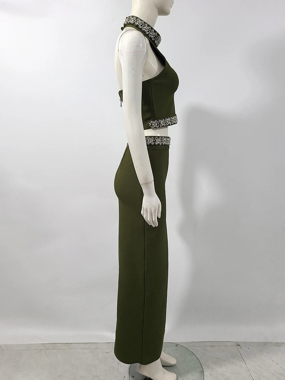 2025 Black Army Green Bandage Two Pieces Sets Sexy Diamond Bead Halter Top Long Skirt Women Bodycon Clothing Elegant Party Sets