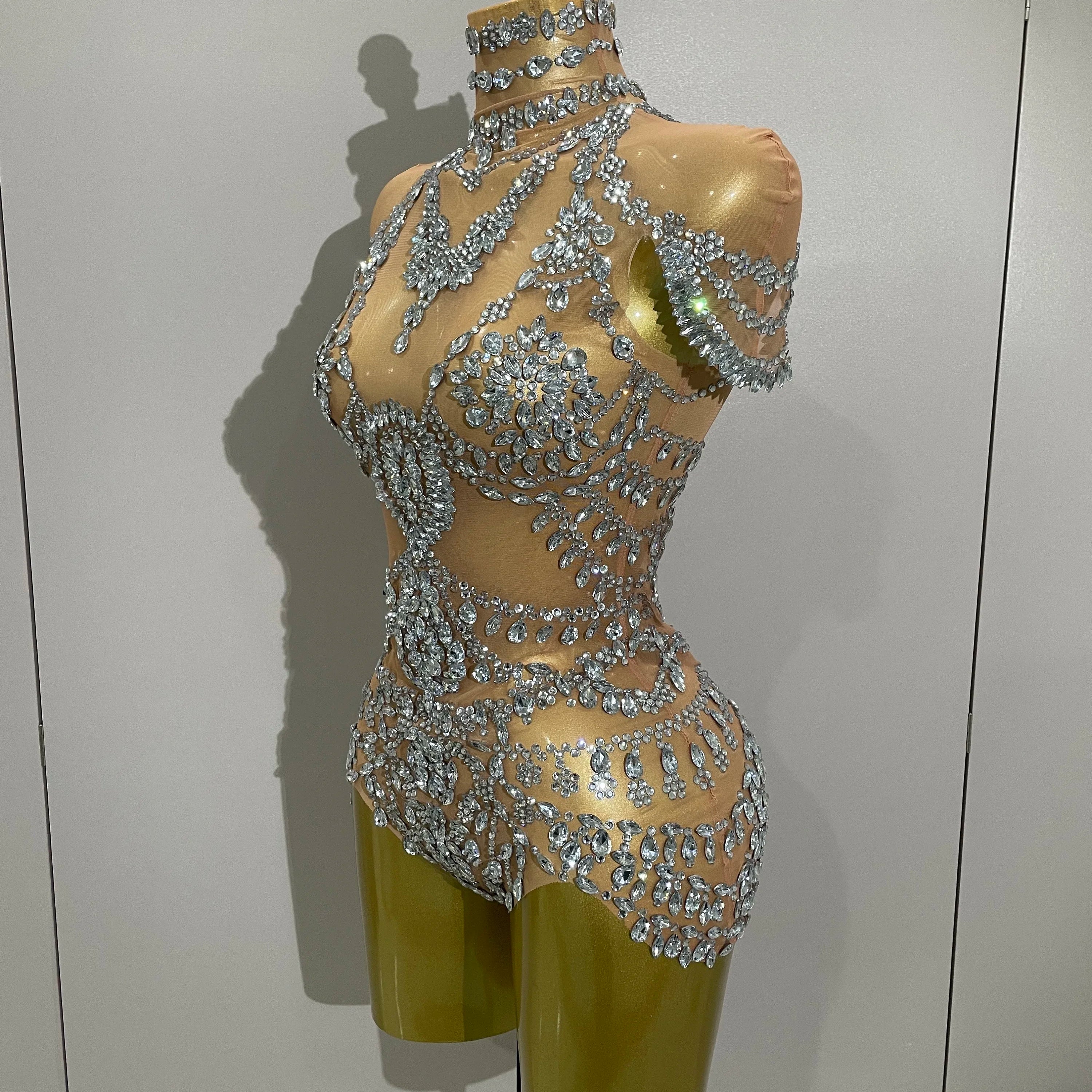 2025Stage Costume Luxury Rhinestones Sexy See-Through Sheath Bodysuit Evening Party Bar Nightclub Singer Dancer Performance Wear