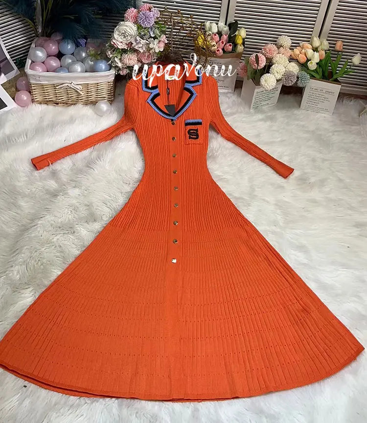 Elegant Women's Slim Fit Knitted Dress Fashionable Polo Neck Short Sleeve Single breasted Design Split Knitted Mid length Dress Orange