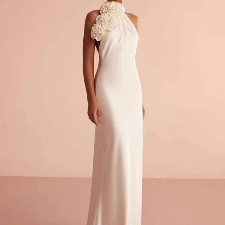 White Satin Halter Backless Long Dress For Women Sleeveless Flowers Embellished Slim Prom Elegant Evening Party Gowns