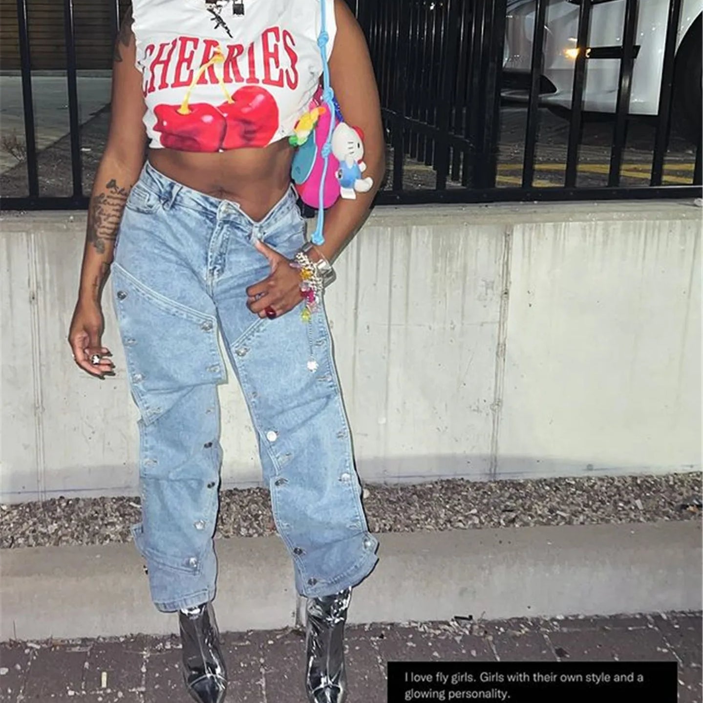 Women Streetwear Button Cutout Cargo Straight Denim Wide Leg Jeans Pants 2024 INS Elastic Fashion Party Cargo Trousers Light Blue