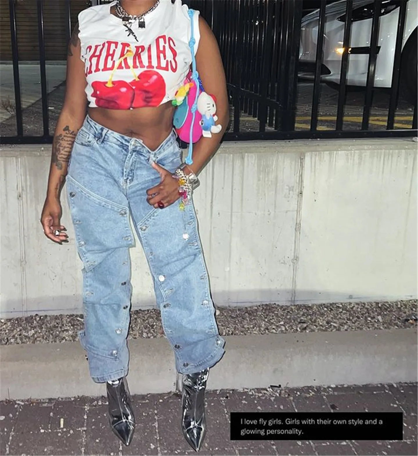 Women Streetwear Button Cutout Cargo Straight Denim Wide Leg Jeans Pants 2024 INS Elastic Fashion Party Cargo Trousers Light Blue