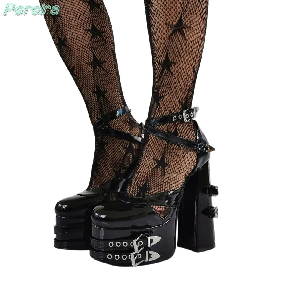 Black Patent Leather Platform Sandals Cut Out Round Toe Metal Decor High Chunky Heel Cross Strap Buckle Strap Sexy Women Shoes