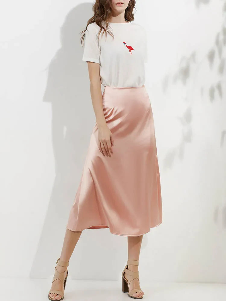 Silk Satin Skirts for Women Korean Style Champagne Office High Waist A-line Skirt Fashion Elegant Solid Long Pencil Skirt 2024 Pink