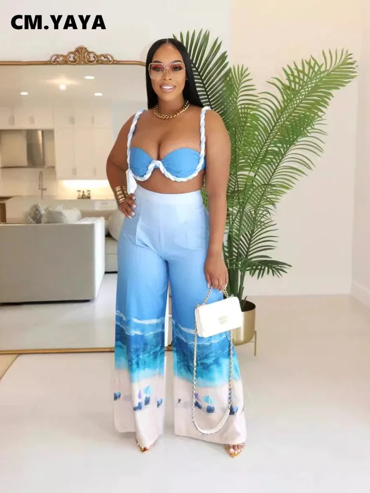 Summer Women's Set Beach Print Sleeveless Strapless Tops +Wide Leg Pants Suits Street Two 2 Piece Sets Bohemian Outfits