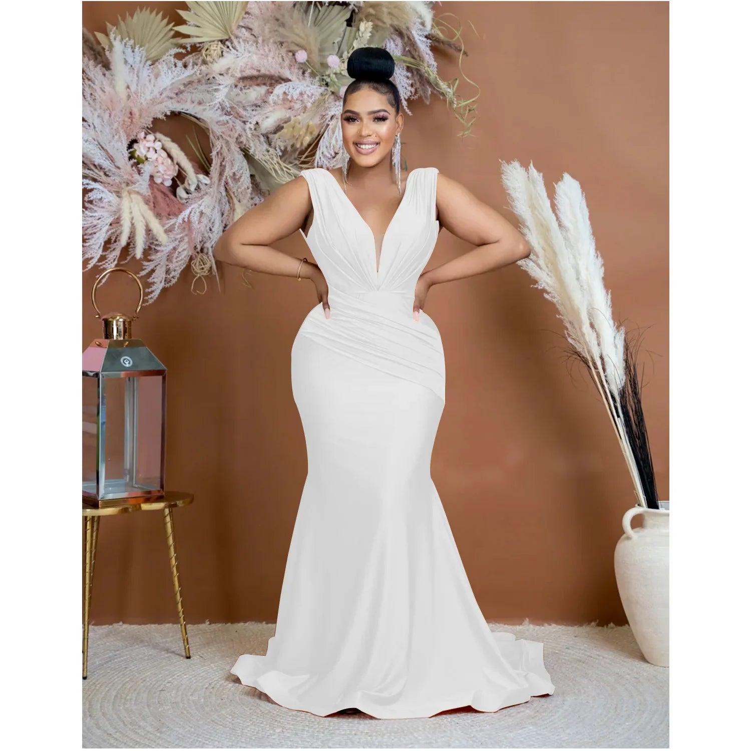 Women Draped Waist Shoulder Sleeveless Deep V-neck Maxi Long Trumpet Mermaid Dress 2023 Club Sexy Party Evening Dresses WHITE