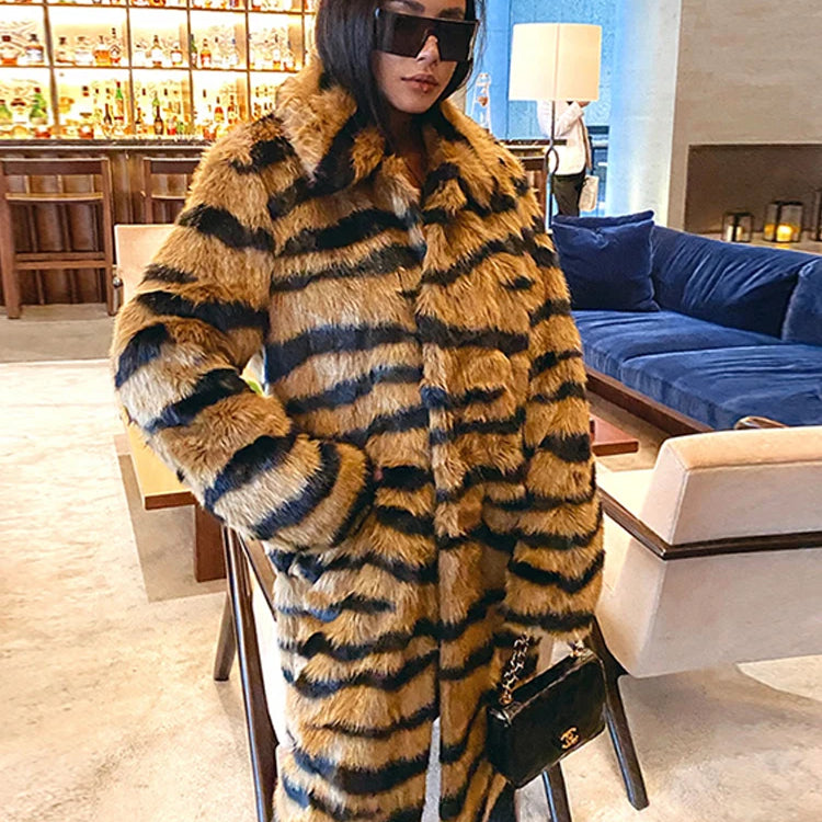 Winter Long Warm Thick Leopard Faux Fur Coat Women Tiger Print Loose Luxury Fluffy Clothing Female Thicken Plush Overcoat