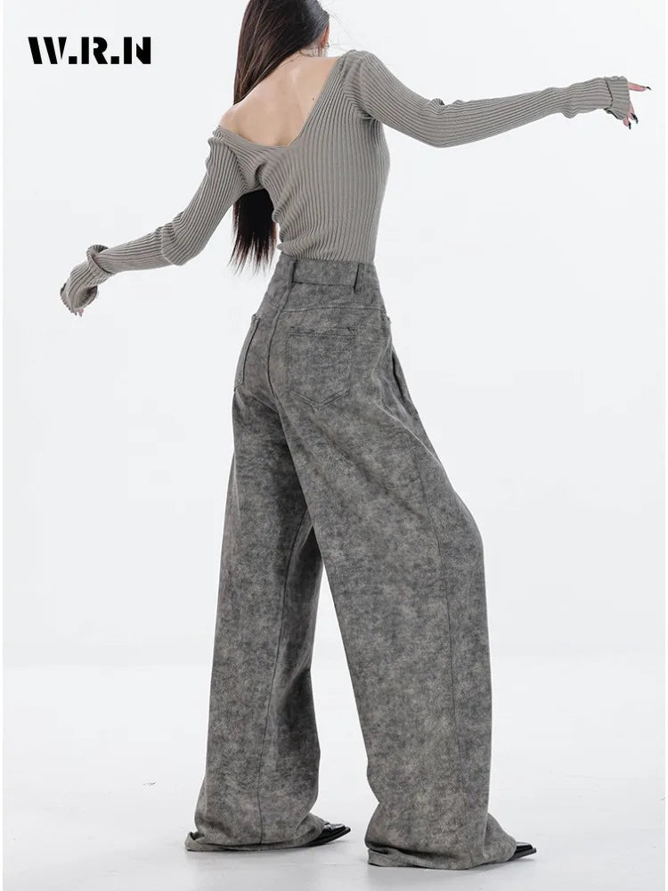 Spring Women's Casual Y2K Grunge Punk Style Denim Trouser American Retro High Waist Straight Jeans Pockets Hip-hop Pants