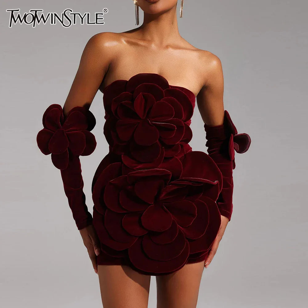 Solid Slimming Temperament Mini Dresses for Women Strapless Sleeveless Patchwork 3D Flowers Dress Female Clothing