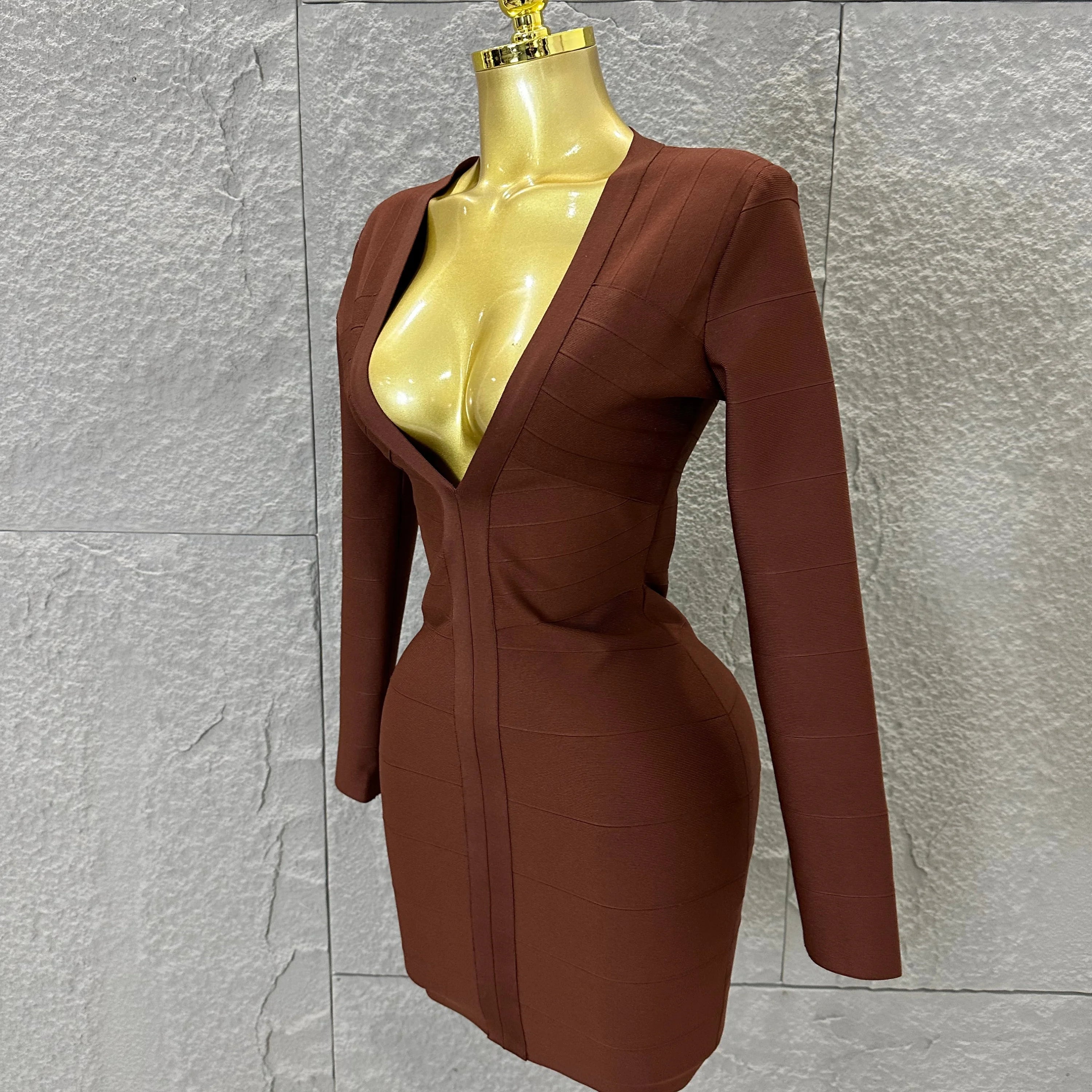 Women Elegant Brown Long Sleeve Mini Dress Women Sexy Deep V Neck Bandage Nightclub Evening Party Cocktail Party Dress