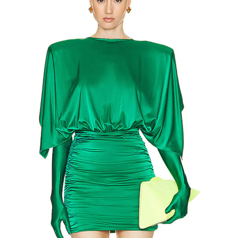 Women's Green Satin Dress Double Collar Bat Sleeve Glove Decoration Draped Loose Mini Dresses Cocktail Evening Party Vestidos