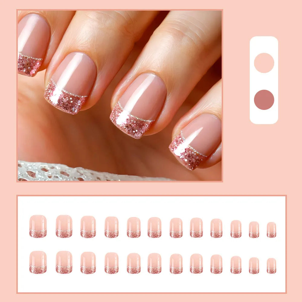 24pcs/set Short Medium fake nails for women girls gradient shiny glitters heart french Square almond tips Press on false nail 2232