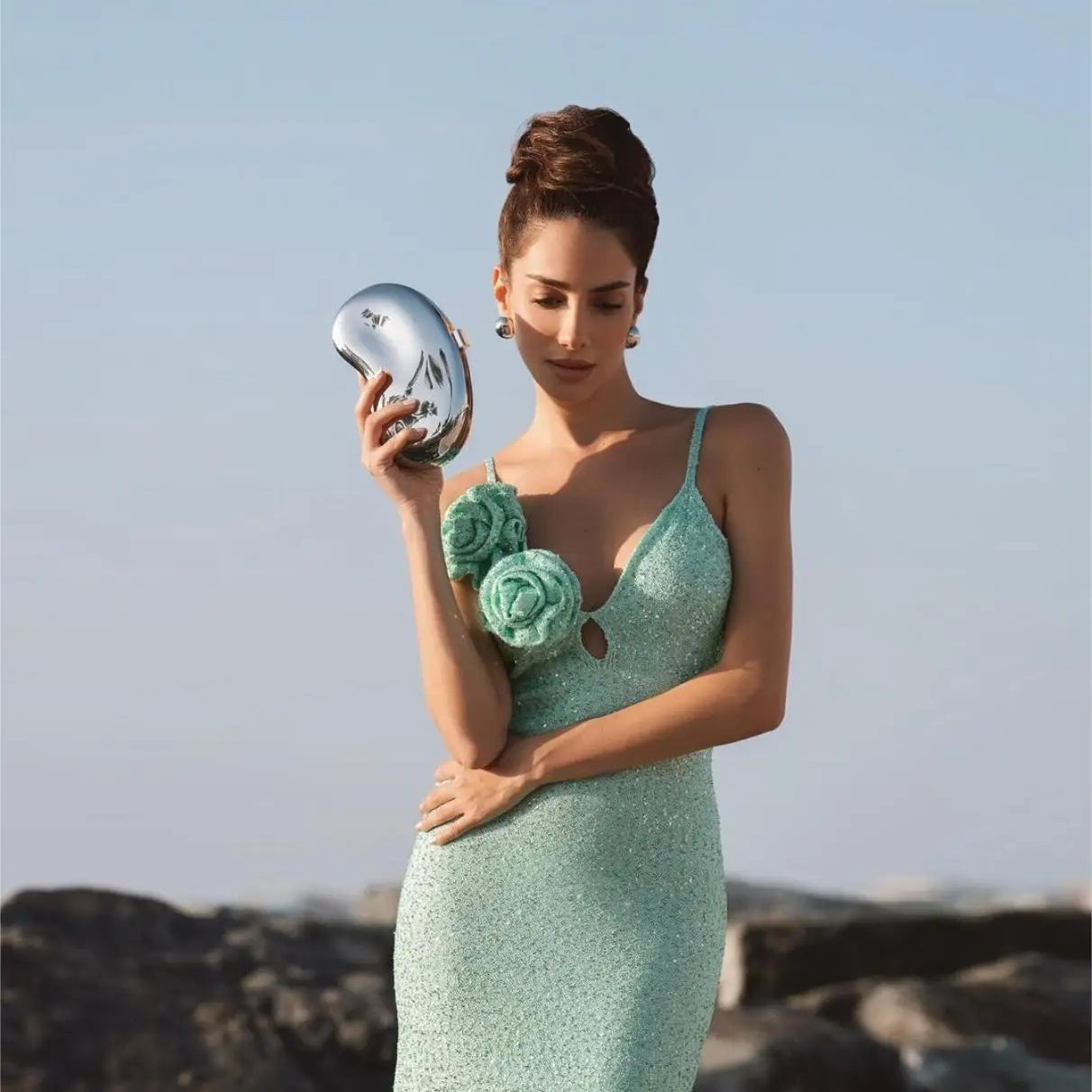 2024 Summer Mint Green Sequins Spaghetti Strap Ankle Length Dress Graceful Woman Evening Party Dress Holiday Vocation Outfit