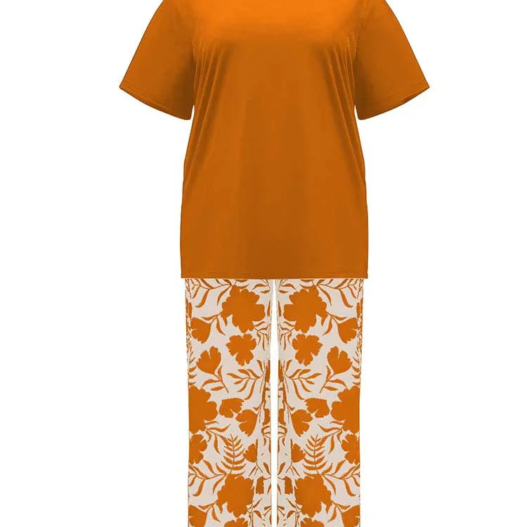 Two Piece Pants Set for Woman Summer Clothing Female Streetwear Casual Loose Tshirt and Print Trouser Plus Size Suit Set Orange