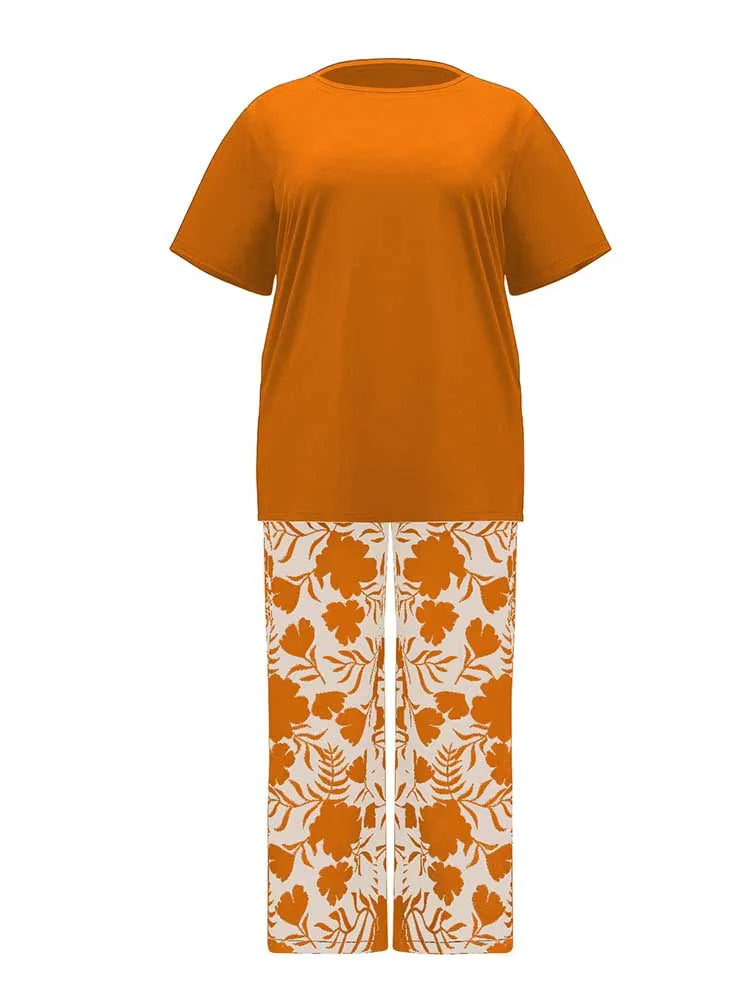 Two Piece Pants Set for Woman Summer Clothing Female Streetwear Casual Loose Tshirt and Print Trouser Plus Size Suit Set Orange