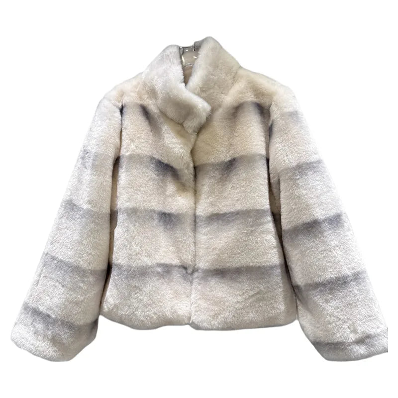 Winter New Elegant Fashion Gradient Striped Furry Warm Faux Fur Coat For Women Loose High Quality Jacket 11A07762