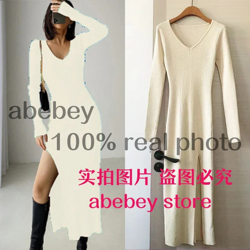 spring and winter sexy French slit sweater dress female slim tight-fitting hip-knit over-the-knee dresses mihuangse