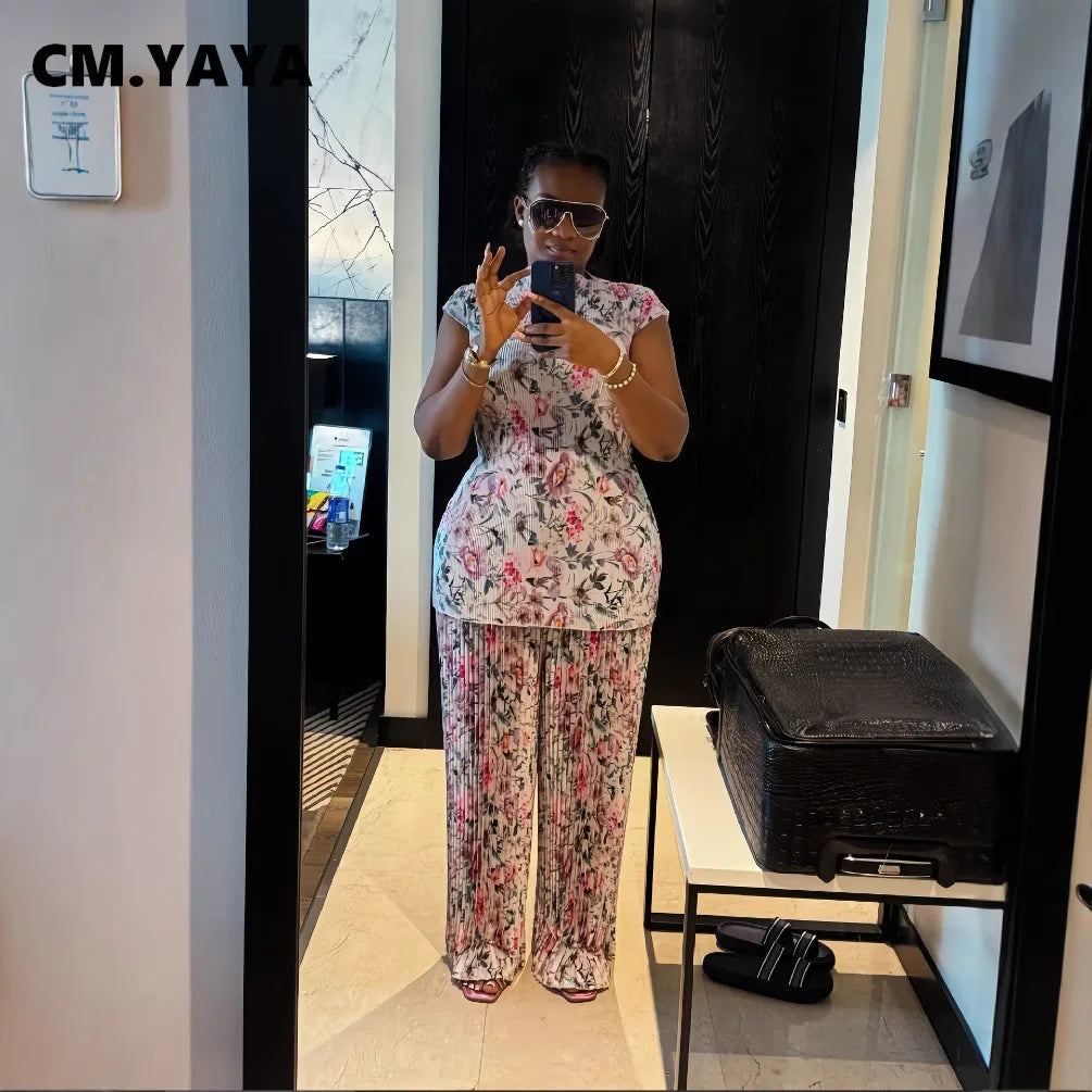 CM.YAYA Women Set Floral Print Short Sleeve Pleated T-Shirt + Wide Leg Pants 2025 Street Sexy Two 2Piece Sets Outfits Tracksuit