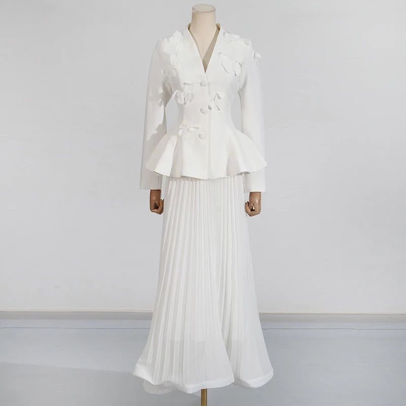 Solid Two Piece Sets for Women V Neck Ling Sleeves Spliced Applique Top High Waist Patchwork Folds Skirt Set Female WHITE