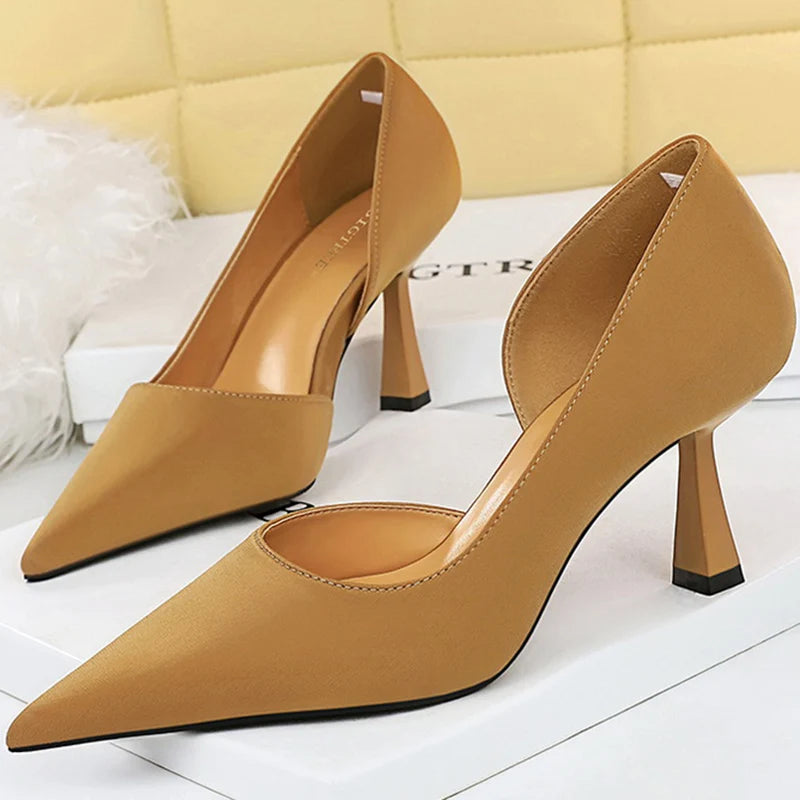 Women 7cm High Heels Green Purple Red Pumps Small Size 34-40 Stripper Evening Silk Escarpins Lady Wedding Bridal Scarpins Shoes Coffee