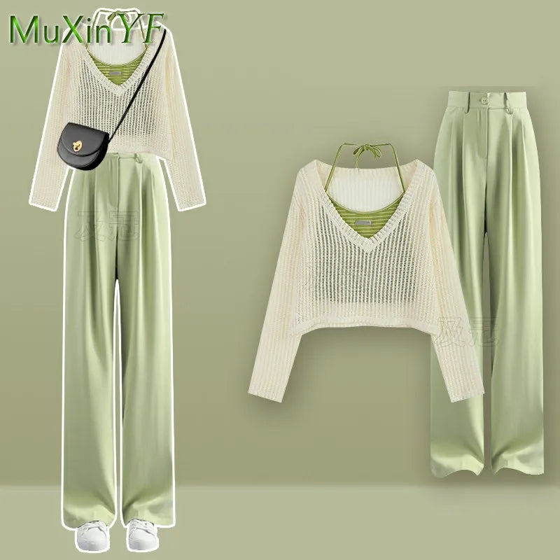 Women's Summer Fashion Hollow Out Shirt+Suspender+Wide Leg Pants Three Piece 2024 New in Matching Set Korean Elegant Tracksuit