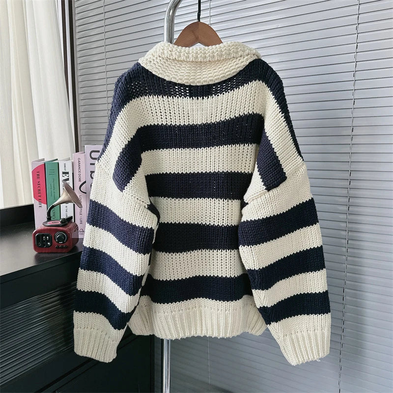 Autumn Winter New Lazy Style Striped Contrast Color Thick Knit Pullover Sweater For Women Loose Versatile Top 11A07789