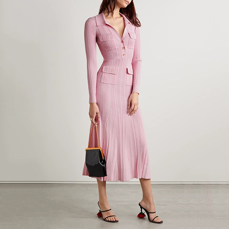 Robe tricotée rose mi-longue pour femmes, tenue longue, sens de la mode, tempérament, col polo, taille cintrée, nouvelle collection 2024