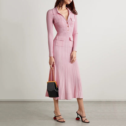 Robe tricotée rose mi-longue pour femmes, tenue longue, style senior, sens de la mode, col polo, taille cintrée, nouvelle collection 2023 