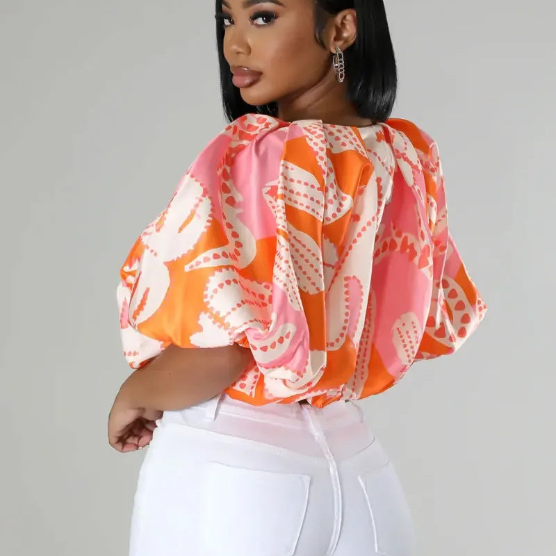 Summer Street Women Shirts Fashion Ruched Short Puff Sleeve Mini Blouse 2024 Street Print Casual Holiday Shirts Tops