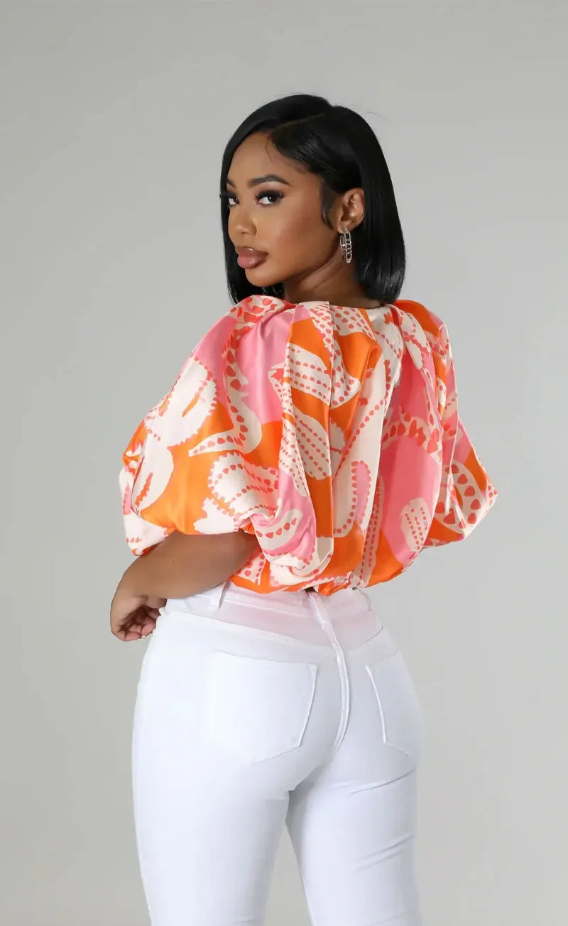 Summer Street Women Shirts Fashion Ruched Short Puff Sleeve Mini Blouse 2024 Street Print Casual Holiday Shirts Tops