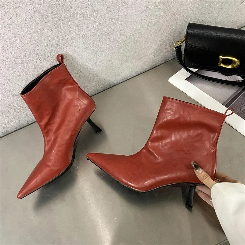 Eilyken New Fashion Pointed Toe Ankle Boots Women Wedding Party Shoes Winter Autumn Slim Short Ladies Booties Red