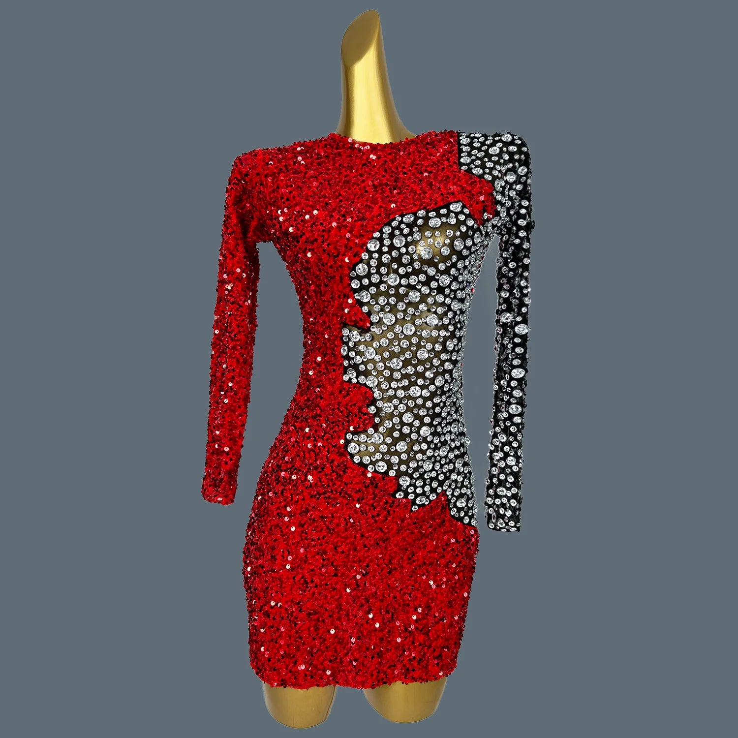 Chic Sexy Dresses For Hot Women Party Club Night Sparkly Crystals Full Evening Dress Luxury Red Mini Long Sleeved Dress Hongditu Red