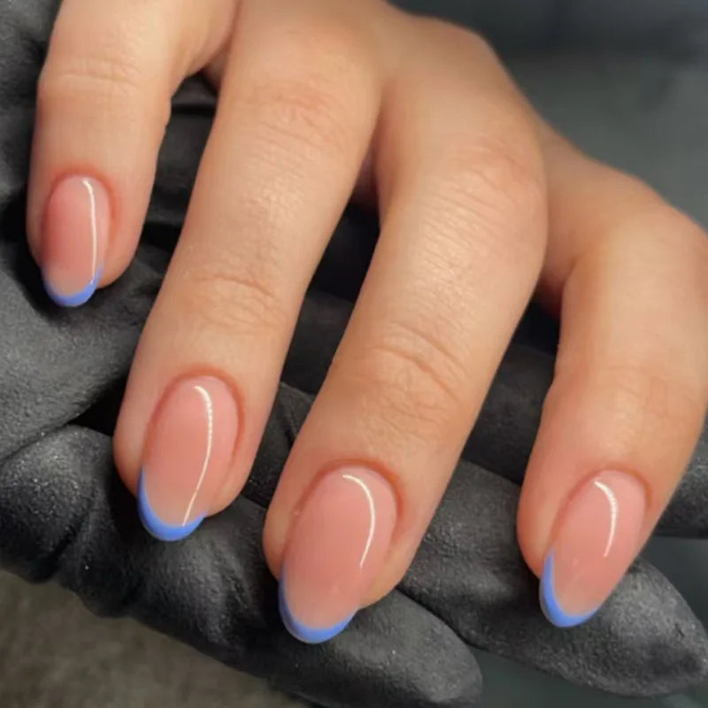 24Pcs Acrylic Round Head Fake Nail Tips Reusable Blue French False Nails Set Simple Almond Oval Full Cover Press on Nails W1660